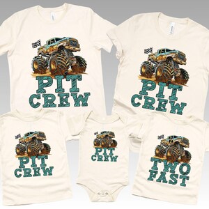 Pictured are 4 t-shirts and 1 Onesie. One Tee says TWO FAST and the others say PIT CREW. The shirts all have the same matching Big Monster Truck Design with custom number (age) on the side. Perfect for boy's birthday monster truck theme party