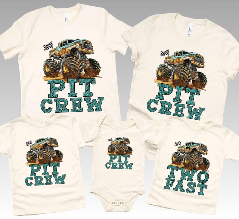 Pictured are 4 t-shirts and 1 Onesie. One Tee says TWO FAST and the others say PIT CREW. The shirts all have the same matching Big Monster Truck Design with custom number (age) on the side. Perfect for boy's birthday monster truck theme party