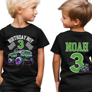 May include: Black t-shirt with a green monster truck graphic, the number 3, and the text "BIRTHDAY BOY" on the front. The back of the shirt has the name "NOAH" and the number 3.
