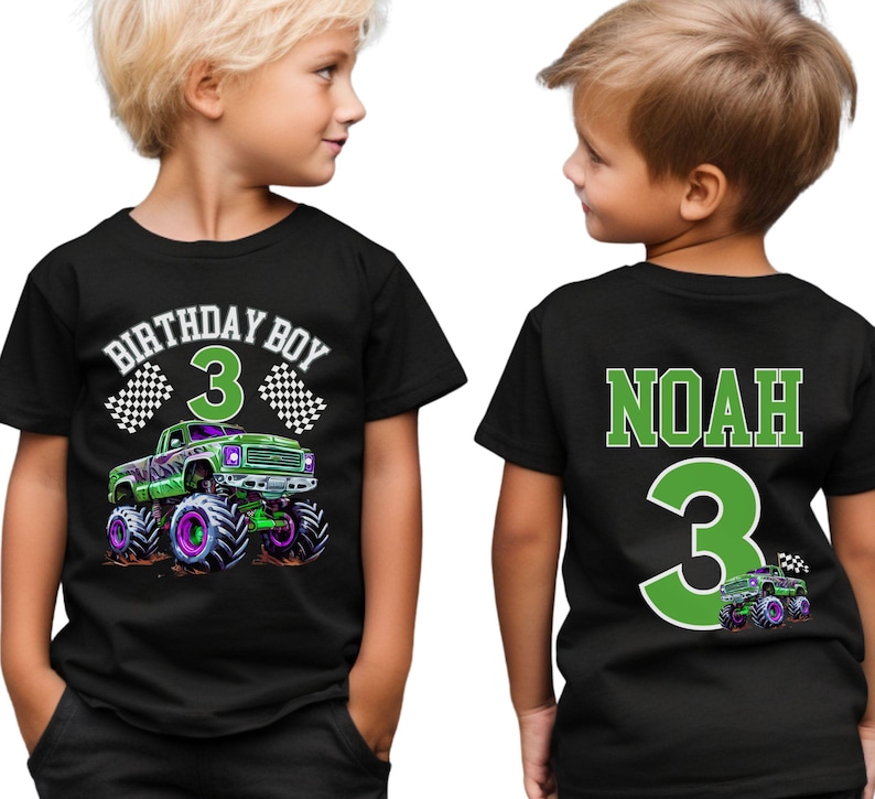 May include: Black t-shirt with a green monster truck graphic, the number 3, and the text "BIRTHDAY BOY" on the front. The back of the shirt has the name "NOAH" and the number 3.