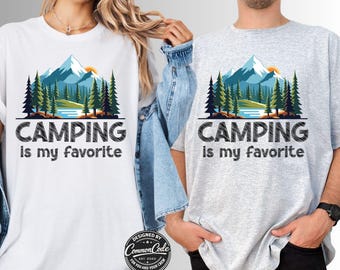 Family Camping T-Shirt - Camping is my Favorite - Mountain Lake Snow Capped Nature - Family Camp Adventure Matching Trip Tee Mom Dad Kids