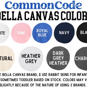 Puede incluir: Un gr&aacute;fico que muestra los diferentes colores disponibles para las camisetas de la marca Bella Canvas. Los colores incluyen blanco, rosa, azul real, azul marino, negro, natural, gris jaspeado, gris oscuro jaspeado y carb&oacute;n.
