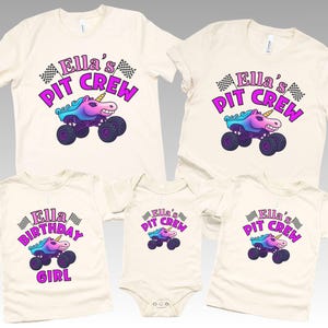 Family Matching natural Beige colored t-shirts featuring sparkle Truck graphic with 4 of the shirts saying Ella's Pit Crew and one saying Ella Birthday Girl featuring a colorful unicorn monster truck design. The text reads "Ella's Pit Crew" and "Ella's Birthday Girl". The design includes checkered flags and a smiling unicorn.
