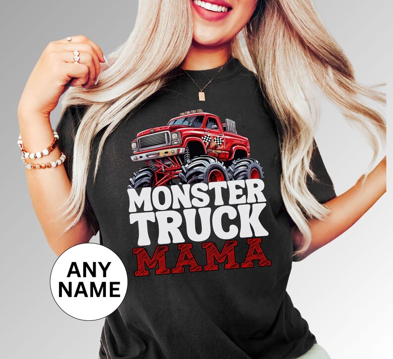 May include: Black t-shirt with a red monster truck graphic and the text "Monster Truck Mama".