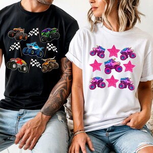 May include: Black t-shirt with colorful monster truck graphics and checkered flags. White t-shirt with pink star and unicorn monster truck graphics. Both shirts are short-sleeved and suitable for casual wear.