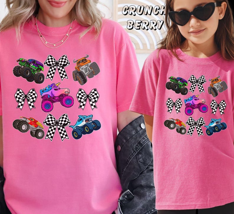 mama and mini monster truck and bows matching shirts.