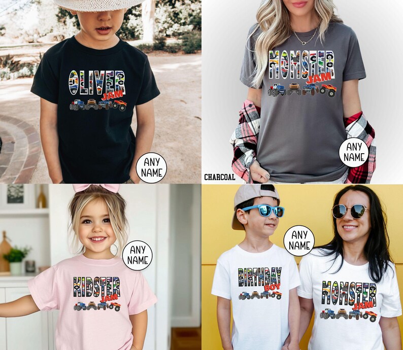 May include: Four different t-shirts featuring a Monster Jam theme. The shirts are in various colors, including black, charcoal, pink, and white. The shirts feature a colorful graphic of Monster Jam trucks and the text "Monster Jam", "Birthday Boy", "Kidster", and "Oliver".