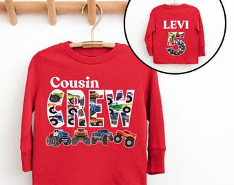 Custom Name Boys Monster Truck Birthday Boy Long Sleeve Tee Shirt - Cousin Crew -  Pit Crew Party Family Matching with Front Back Print