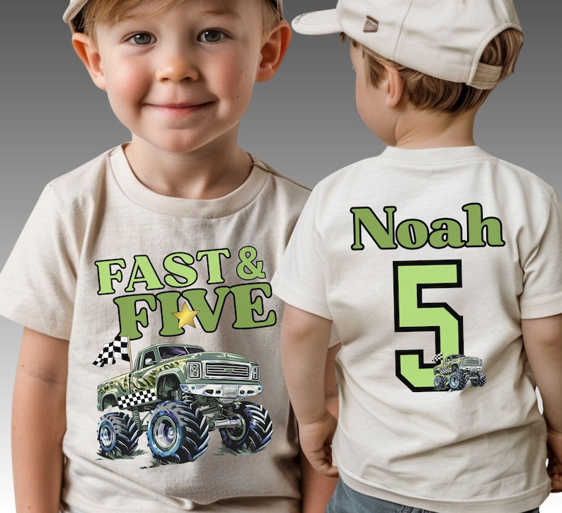 Pictured is this little guy wearing a natural beige t-shirt which says FAST & FIVE in two-tone green along with a cool camo monster truck with a checkered flag on the front. On the back is custom name Noah and a big number 5 and a small version of the truck from the front