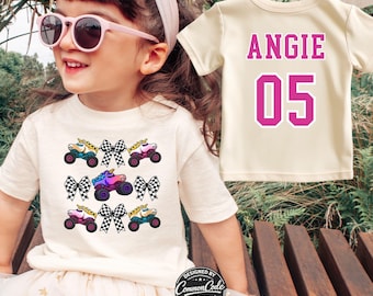 Kids Monster Truck Theme 2-Sided T-shirts - Front Back 2-Sided Shirts with Coquette Bows and Checkered Flags - Sparkle Toro Unicorn Shark