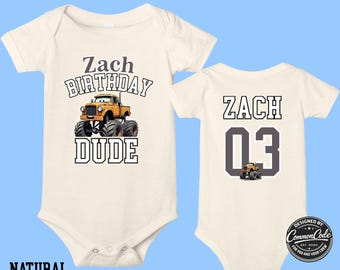 Toddler Boy's Monster Truck Birthday Bodysuit, Custom Name Birthday Dude Shirt, Cartoon Truck Birthday Boy Tee, Toddler Kids Cute Baby Shirt