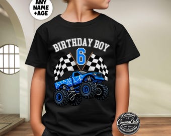 Personalized Monster Truck Birthday Boy Shirt, Custom Name Age Kids Tee, Boys Birthday T Shirt, Monster Truck Party Top, Birthday Boy Gift