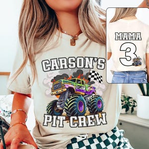 Niestandardowa nazwa numer Monster Truck Jam rodzina urodziny koszulka, urodzinowy chłopiec facet koszulka, Pit Crew, mama mama tata Mimi brat siostra, urodziny impreza, różowy