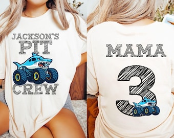 Boy's Custom Name Shark Monster Truck Jam Birthday Party T-Shirt, Matching Family Pit Crew Tee Great White Megalodon Theme Mama Front Back