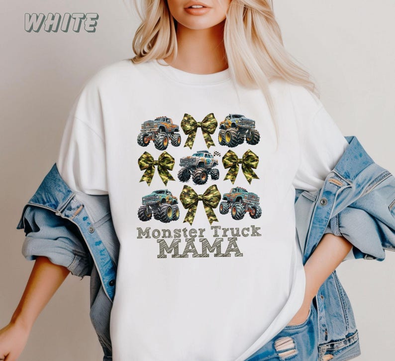 pictured is a Mom in a white comfort colors t-shirt which says Momster Truck Mama with 3 rows of alternating camo coquette bows and monster trucks. great Mothers day Gift