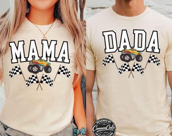 Monster Truck Family Matching Custom Name Bella Canvas T-Shirts - Black and White Checkered Flags Yellow Multi-Colored Truck graphic So Cool
