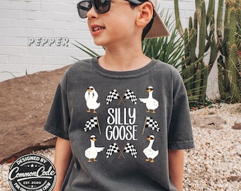 Silly Goose Kids Shirt, Funny Goose Tee For Boys, Comfort Colors Youth Shirt, Checkered Flag Goose Shirt, Trendy Kids Graphic Tee
