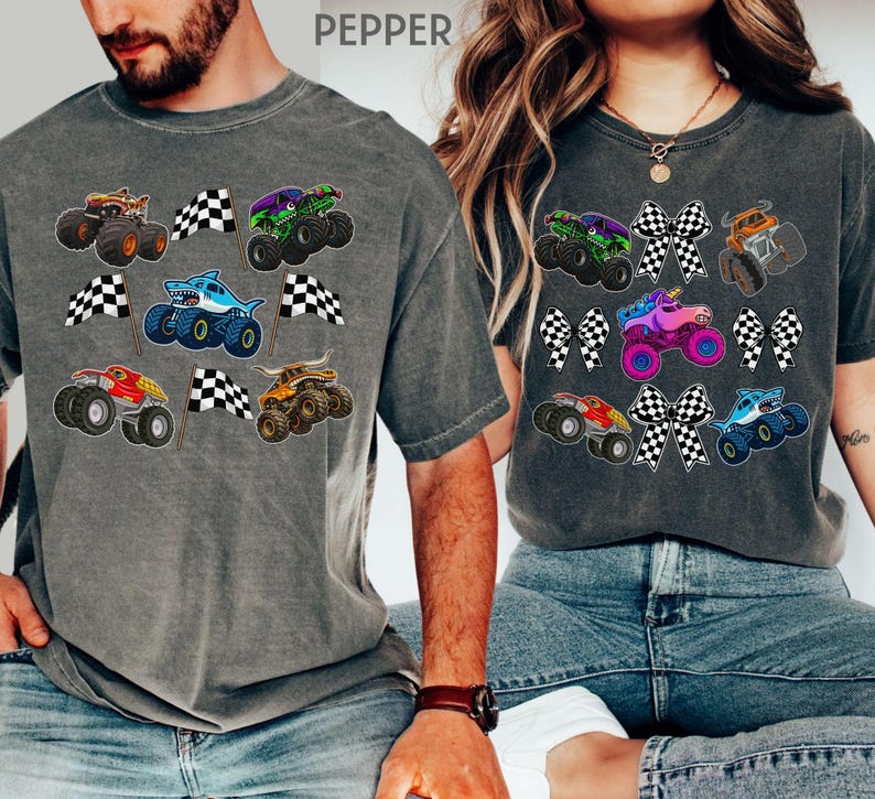 matching family monster truck shirts . comfort colors in pepper. Monster trucks and racing checkered flags. and Monster truck with checkered bows. Matching mom and dad, couple, grandparent party shirts, mother's day gift , fathers='s day gift, or gift for mom and  or dad or grandma and grandpa, aunt and uncle.