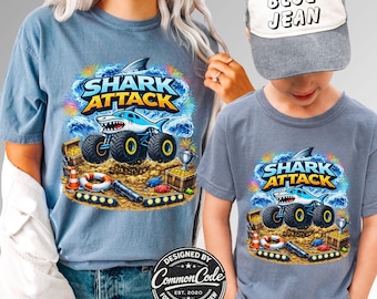 Monster Truck Jam Family Matching T-Shirts, Boys Shark Attack Tee, Race Day Birthday Party Tees Comfort Colors Adults & Kids