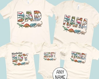 Dinosaur Custom Name Graphic Letters Mommy Me Mini T-Shirt, Matching Family Dino Tee - Birthday Boy Dinosaur Party Theme Family Custom Name
