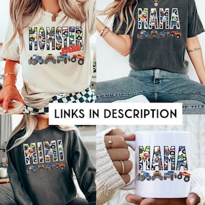 May include: Four items are displayed: a light beige t-shirt with "MOMSTER JAM" text and monster truck graphic, a dark gray t-shirt with "MAMA" text and monster truck graphic, a dark gray sweatshirt with "MIMI" text and monster truck graphic, and a white mug with "MAMA" text and monster truck graphic.