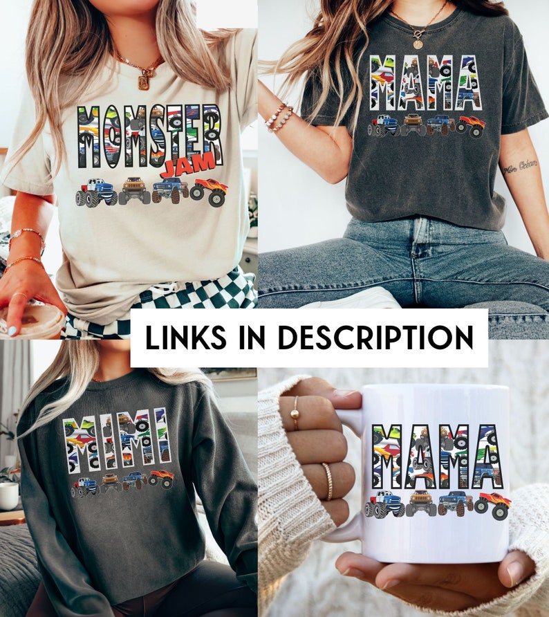 May include: Four items are displayed: a light beige t-shirt with "MOMSTER JAM" text and monster truck graphic, a dark gray t-shirt with "MAMA" text and monster truck graphic, a dark gray sweatshirt with "MIMI" text and monster truck graphic, and a white mug with "MAMA" text and monster truck graphic.