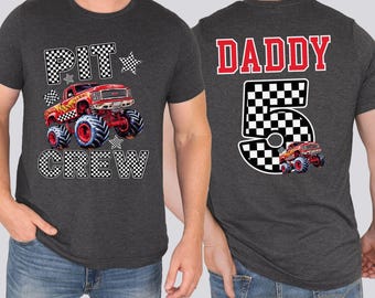 Dad's Monster Truck Jam Theme Birthday Party Custom T-Shirt -Mommy & Me Family Pit Crew Front Back Print Design Personalized Name Age Boys