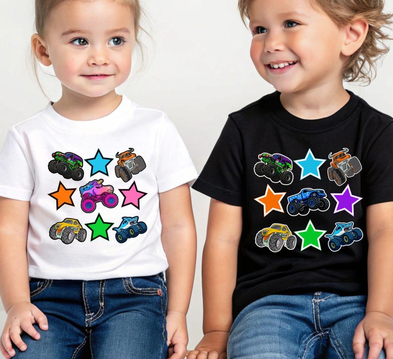 Pictured is a boy and Girl Wearing T-shirts with monster trucks and colored stars. Hers has a pink truck in the middle, his has a blue truck in the middle