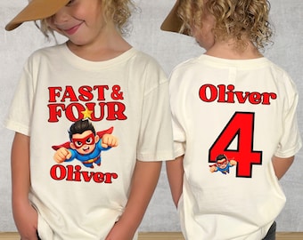 Boys Fourth Birthday Superhero Fast & Four T-shirt - Custom Name Number Age Front Back Print Personalized Family Matching Crew Shirts Mama
