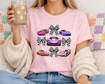 Women's Race Car T-Shirt - Checkered Flags Bows Ribbon Blue Racing Speedster Family Matching Pink Tee - His and Hers Mom and dad Shirts