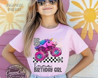 Birthday Girl Monster Truck Shirt, Sparkle Unicorn Smash Truck Party, Personalized Name Age Tee, Family Matching Baby Toddler Kid Teen Adult