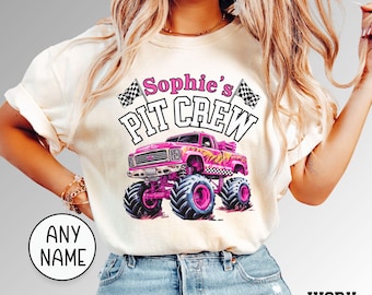 Personalized Pink Monster Truck Birthday Shirt: Pit Crew Family Matching Tee