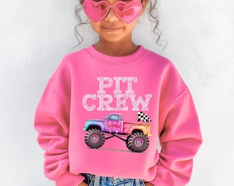 Girls Monster Truck Jam Pit Crew Sweatshirt: Family Matching Birthday Party Rainbow Colors Pastel Art Checkered Flag Racing Pink Purple Bow