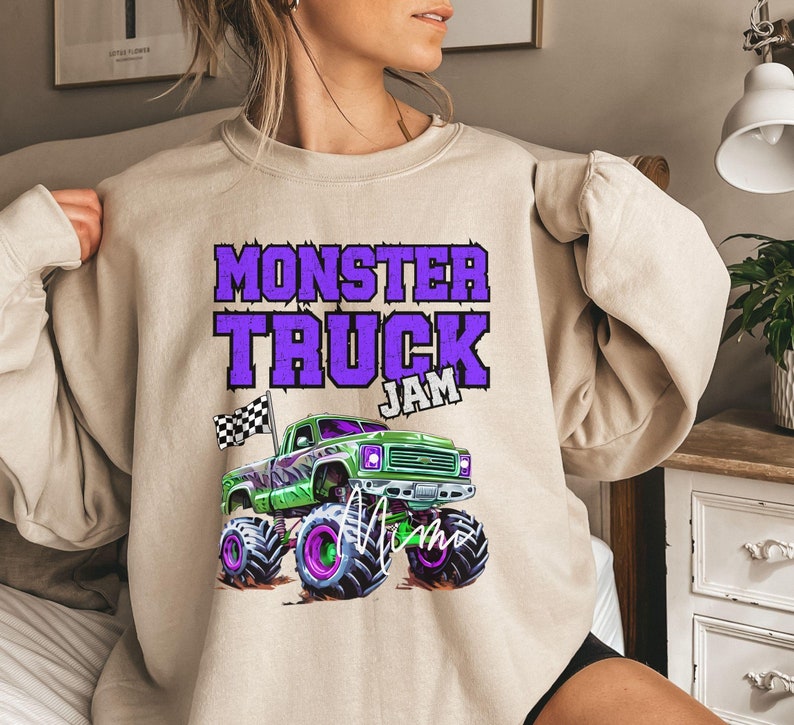 monster truck jam green purple family matching personalized name Mama dad girl boy son daughter mom grandma black and white checkered flag big tires event
