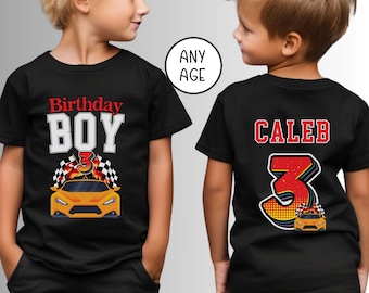 Boys Third Birthday Personalized Race Car T-Shirt: Custom Name Number Front Back Print Age Checkered Flags Three Year Old Child Son Grandson