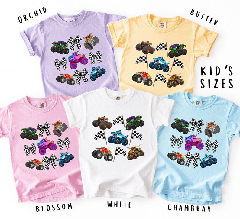 boys and girls comfort colors monster truck tee with checkered racing flags and croquette bows with monster trucks in vibrant fun colorful colors. Racing Vibe tees. Perfect gift for any child or teen truck lover. Boys and girls designs. Personalized.
