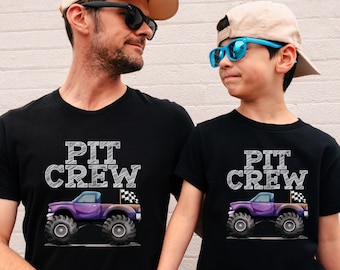 Father and Son Matching Monster Truck Jam Pit Crew T-Shirts - Purple Truck Black and White Checkered Flag Family Big Event Night Out Dad Boy