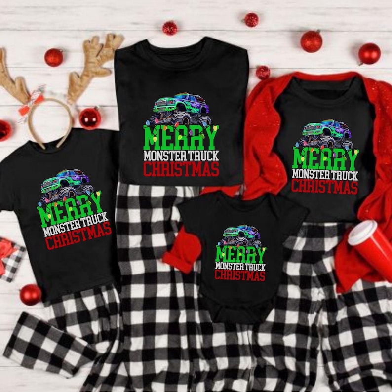 Family Matching Christmas Monster Truck Pajamas Tshirts  toddler kids parents present opening outfits christmas morning holiday card pictures photo trees