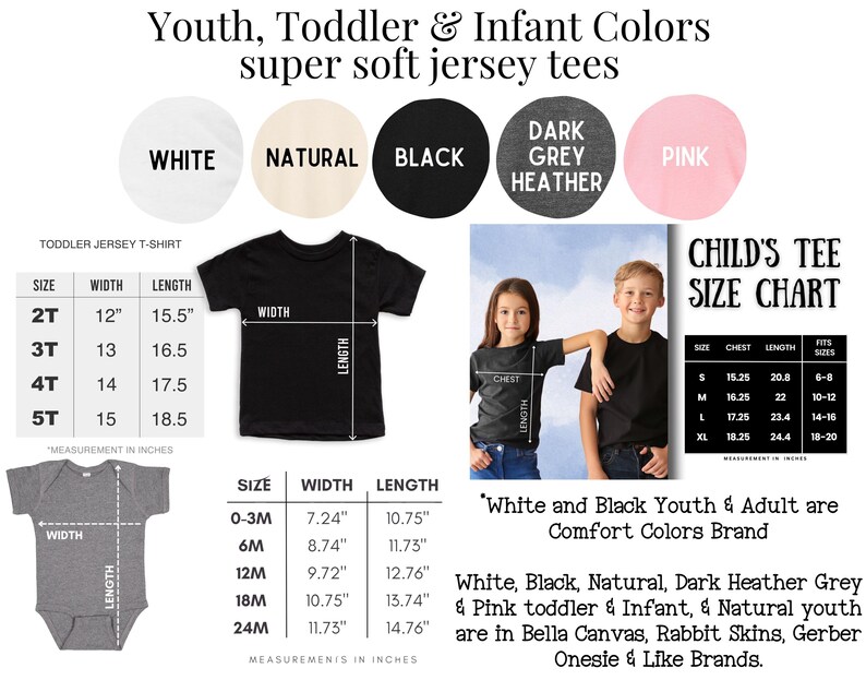以下が含まれることがあります： 画像は、子供、幼児、乳児向けのTシャツとロンパースのサイズチャートです。色は白、ナチュラル、黒、ダークグレーヘザー、ピンクです。測定値はインチです。テキストは「super soft jersey tees」と書かれています。