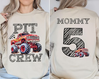 Womens Monster Truck Sweatshirt | Boys 5th Birthday Monster Truck Shirt | Pit Crew Party Family Matching Sweater | Monster Truck jam Family