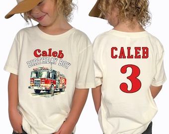 Boys Third Birthday Firetruck Theme Party Custom T-Shirt - 2-Sided Any Name Number Front Back Print Red Three Year Old Boy Crew