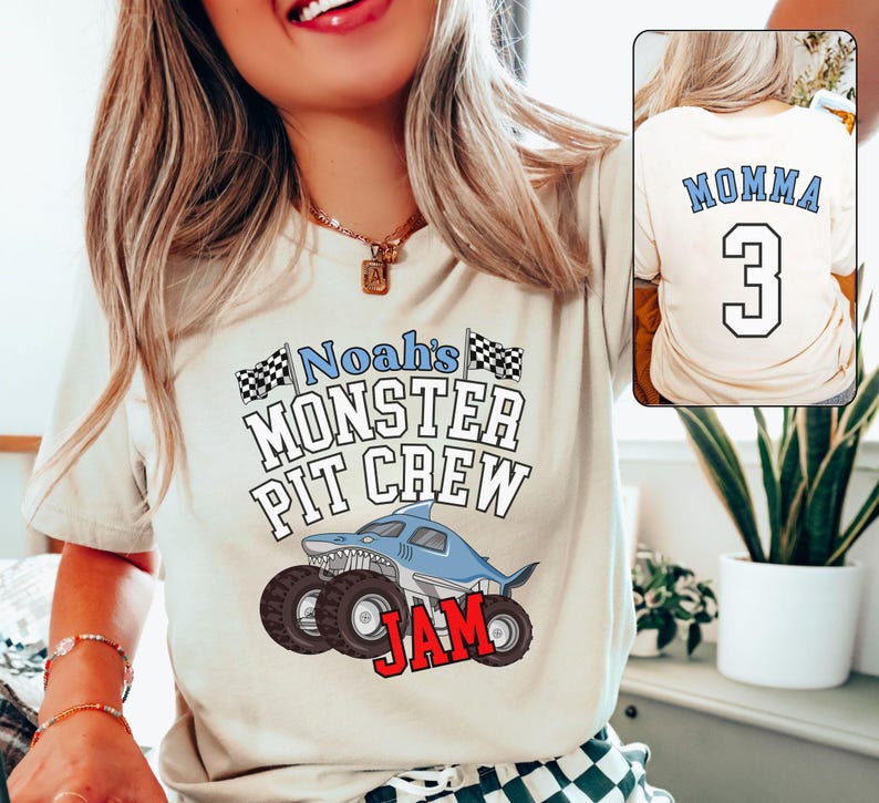 Model Mom is wearing a custom 2-Sided Monster truck Jam theme family matching boys birthday T-shirt great white shark big tires wheels  black and white checkered flags big event party tee perfect for a pit crew bday personalize with your name and number (age of the birthday kid - boy or girl). Adult and child sizes in assorted colors. So when its time to make your little one's day even more special by getting matching shirts, this is a great one