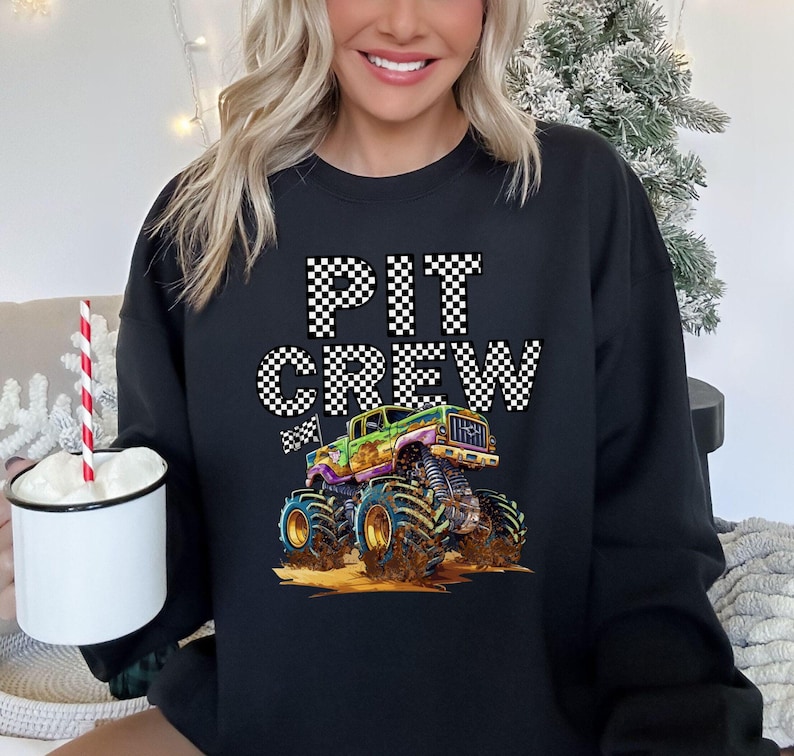 Checker Letters Monster Truck Jam Party Green Truck Pit Crew Sweatshirts Mom Dada Birthday Boy  Sweater Birthday Dude Toddler Kids Sibling Baby Sizes