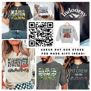 May include: A collage of images featuring various t-shirts with designs related to monster trucks and dirt racing. The designs include "Mama", "Monster Jam", "Dad", "Pit Crew", and "Dirt Squad". The text "CHECK OUT OUR STORE FOR MORE GIFT IDEAS!" is also included in the image.