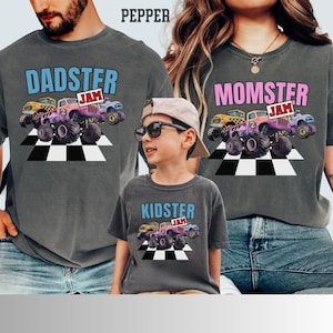 Momster Dadster Kidster Monster Truck Jam Shirt Pit Gift Mama Mama Dad Dada Chłopiec Dziewczynka Syn Wydarzenie Dopasowany Różowy Krótki Długi Rękaw Komfort Kolory
