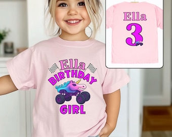 Monster Truck Birthday Shirt Girl, Sparkle Pink Unicorn Truck Pit Crew, Custom Name Party Outfit, Family Matching Racing Tee