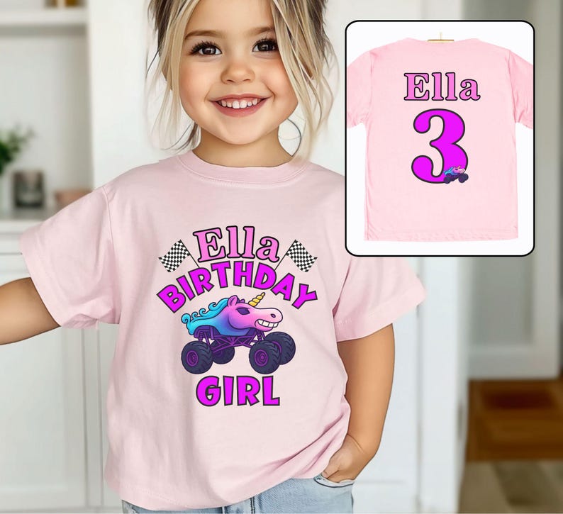 Pictured is a young girl wearing a pink t-shirt which says Ella BIRTHDAY GIRL in pink and purple font, a large graphic of a unicorn monster truck in sparkle smash design theme with checkered flags. On the back of this 2-sided design is custom name Ella, a big number 3 (also a custom number) and a small version of the truck