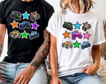 Stars Monster Trucks Shirt, Family Truck Outfit, Kids Toddler Birthday Tee, Mom and Daughter Gift, Matching Brother Sister Colorful Shirt