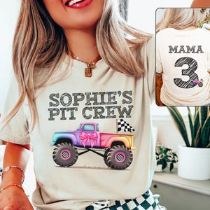 Niestandardowe imię numer dziewczyny Monster Truck Jam rodzina urodziny dziewczyna pasująca koszulka, Pit Crew, mama mama tata brat siostra, Bday Bash, różowa kokarda