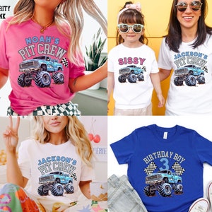 May include: Several t-shirts with a monster truck graphic. The shirts are in pink, white, and blue. Text on the shirts includes "NOAH'S PIT CREW", "JACKSON'S PIT CREW", "SISSY", and "BIRTHDAY BOY 3". The designs are suitable for a range of ages.